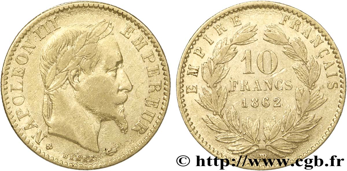 10 francs or Napoléon III, tête laurée 1862 Strasbourg F.507A/2 XF42 