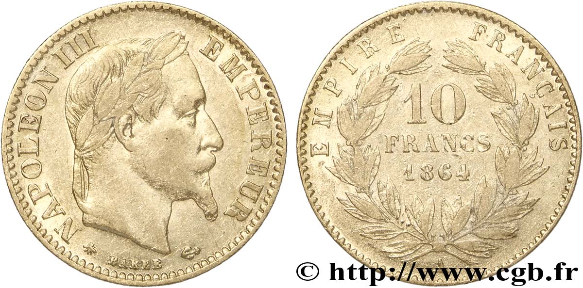 10 francs or Napoléon III, tête laurée 1864 Paris F.507A/6 TTB42 