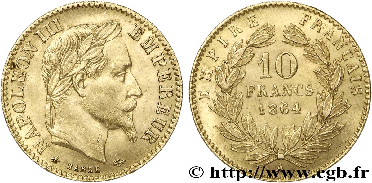 10 francs or Napoléon III, tête laurée 1864 Paris F.507A/6 SUP55 