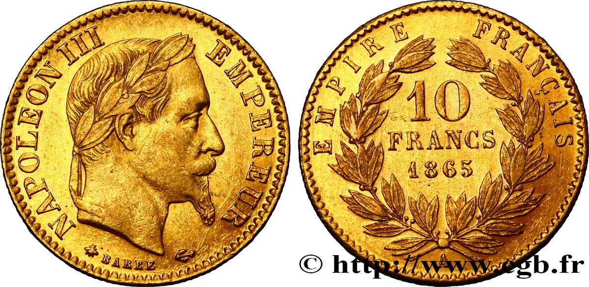 10 francs or Napoléon III, tête laurée 1865 Paris F.507A/9 SS52 