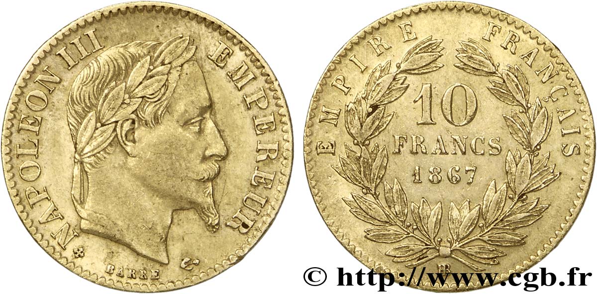 10 francs or Napoléon III, tête laurée 1867 Strasbourg F.507A/16 AU50 