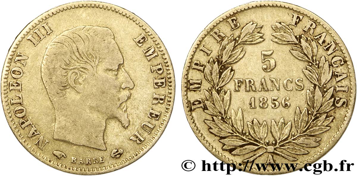 5 francs or Napoléon III, tête nue, grand module 1856 Paris F.501/2 VF35 
