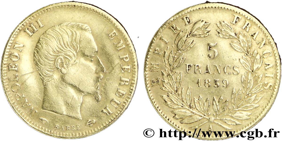 5 francs or Napoléon III, tête nue, grand module 1859 Paris F.501/7 XF48 