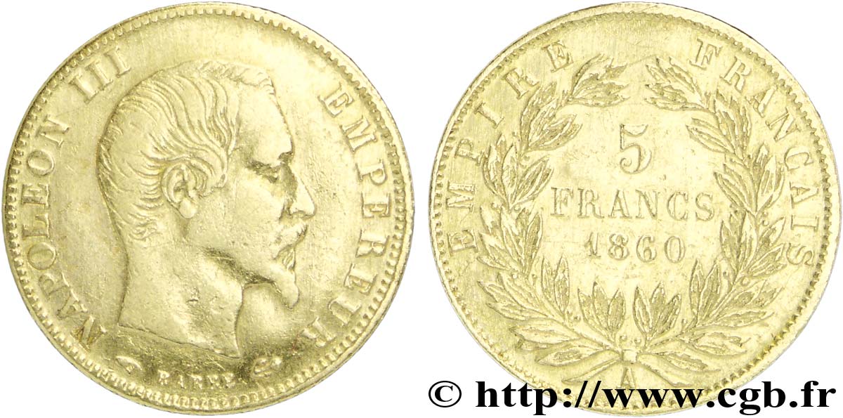 5 francs or Napoléon III, tête nue, grand module 1860 Paris F.501/10 MBC40 