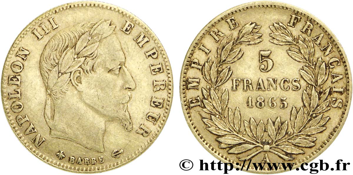 5 francs or Napoléon III, tête laurée 1865 Paris F.502/7 MBC40 