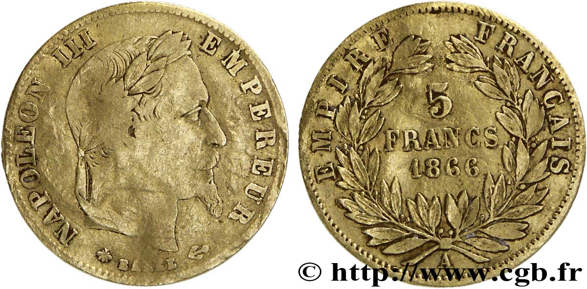 5 francs or Napoléon III, tête laurée 1866 Paris F.502/9 VF20 