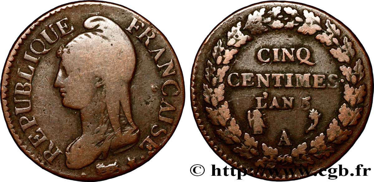 Cinq centimes Dupré, grand module 1797 Paris F.115/1 TB20 