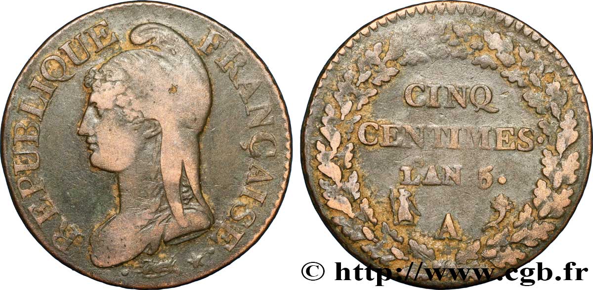 Cinq centimes Dupré, grand module 1797 Paris F.115/1 BC30 