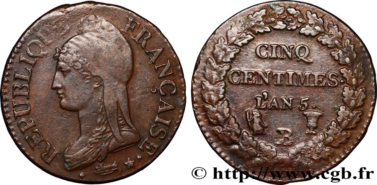 Cinq centimes Dupré, grand module 1797 Rouen F.115/15 AU52 