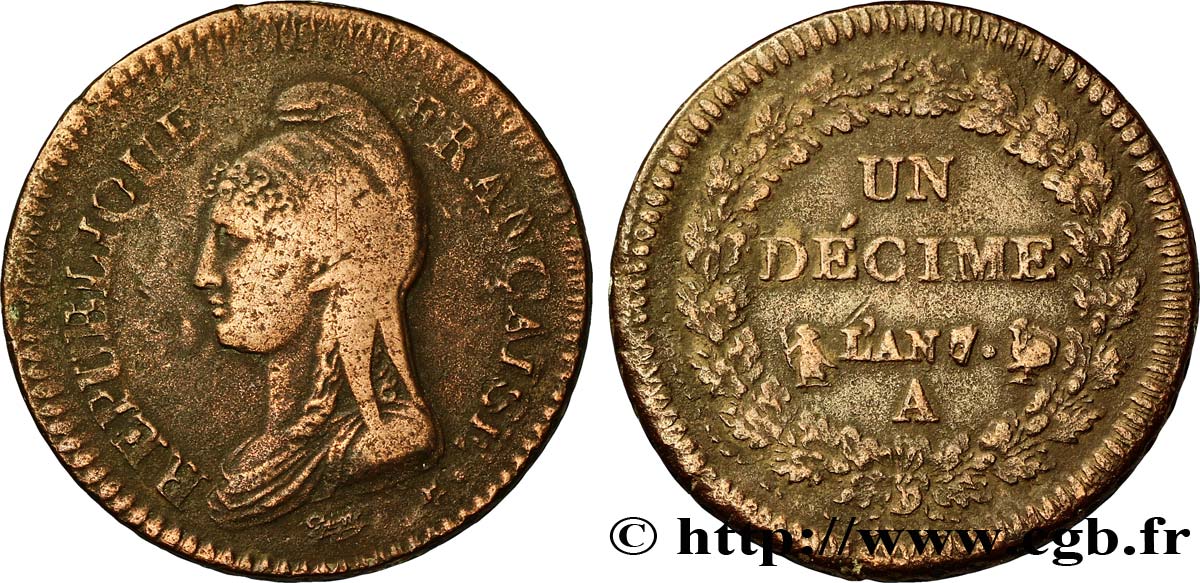 Un décime Dupré, grand module 1799 Paris F.129/22 VF35 