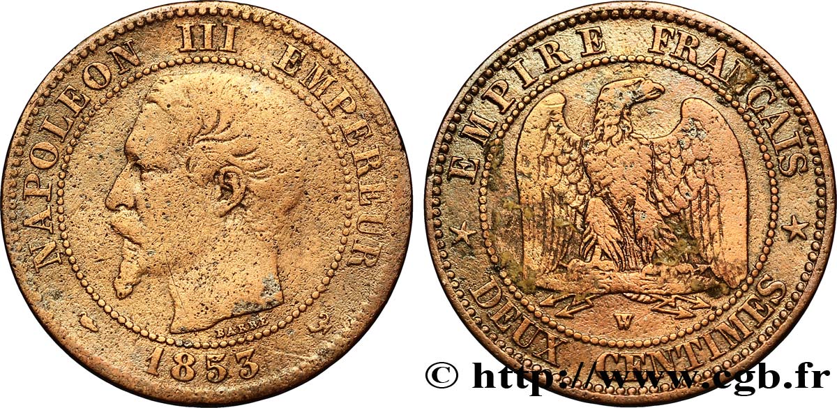 Deux centimes Napoléon III, tête nue 1853 Lille F.107/8 TB18 