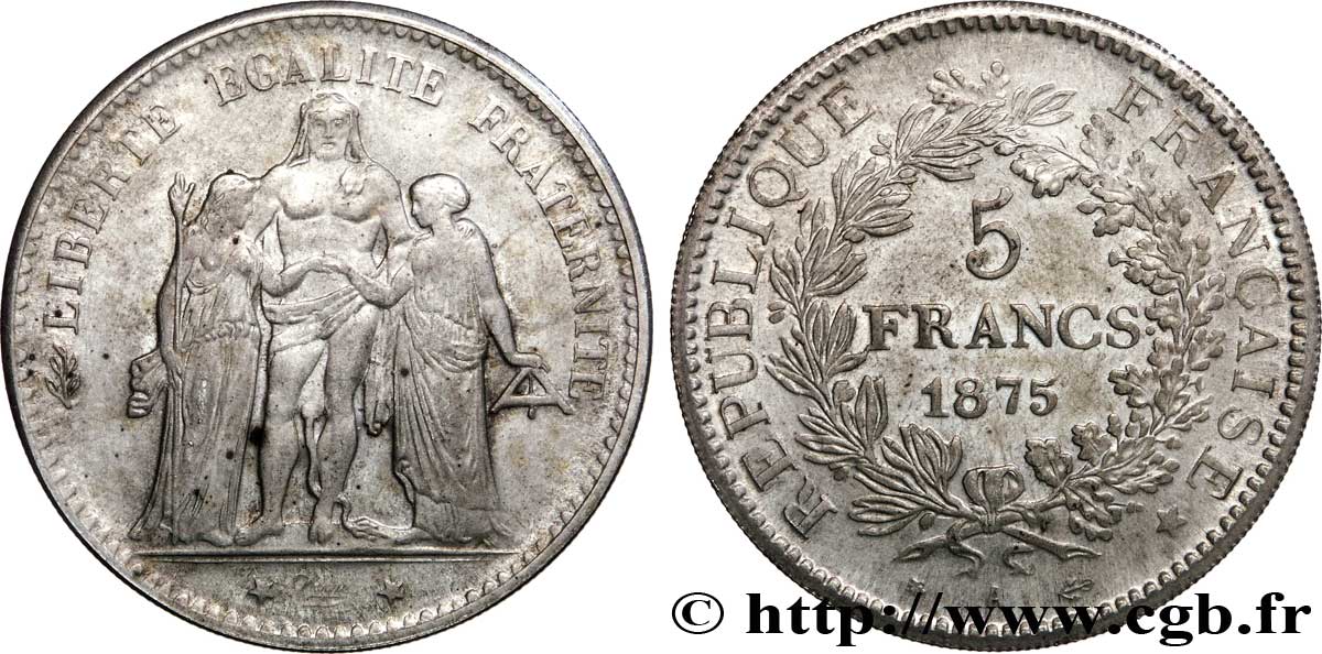 Faux de 5 francs Hercule, tranche striée 1875 Paris F.334/14 var. MBC50 