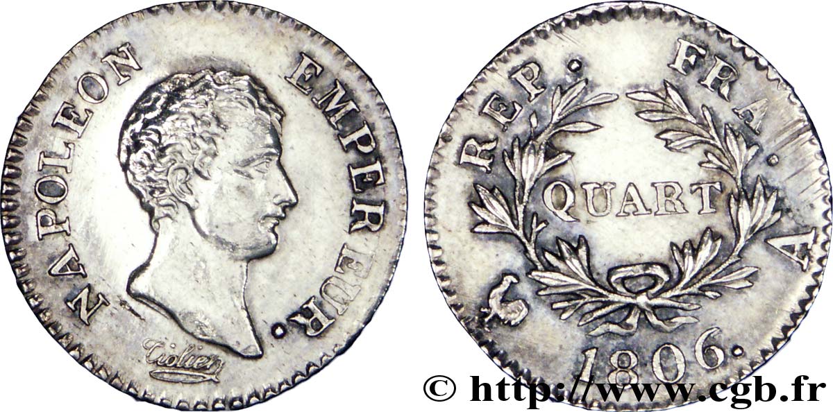Quart (de franc) Napoléon Empereur, Calendrier grégorien 1806 Paris F.159/1 VZ60 