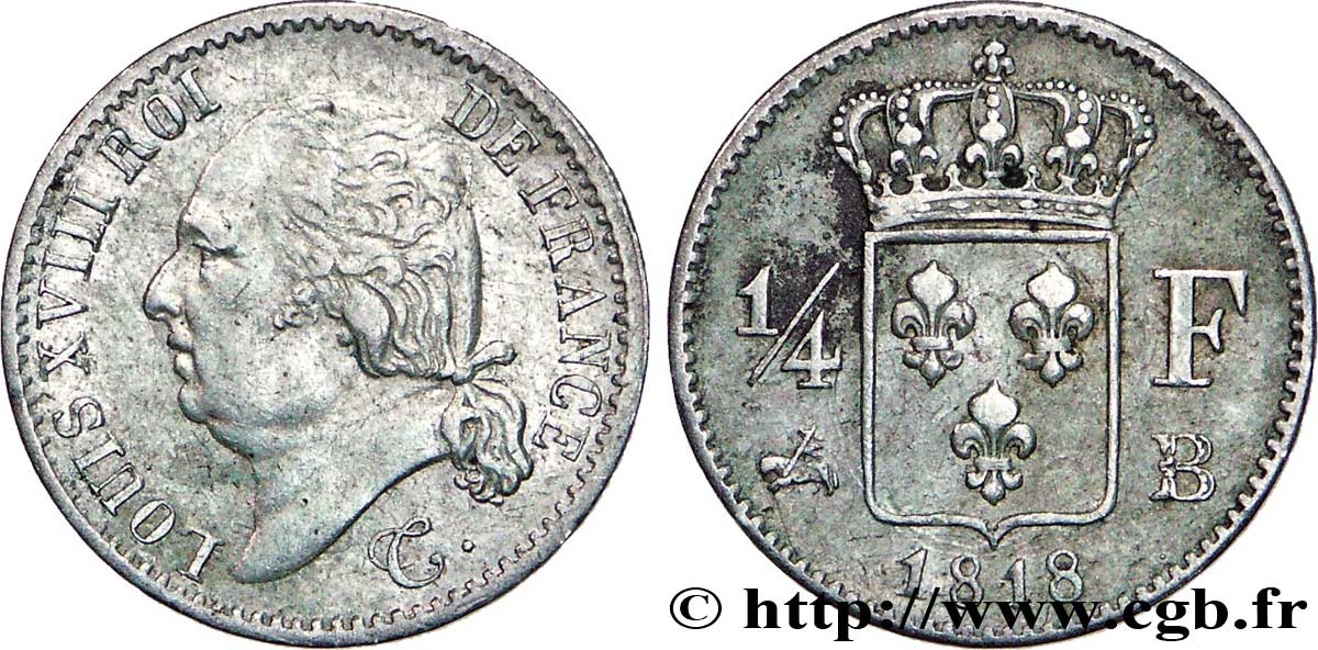 1/4 franc Louis XVIII 1818 Rouen F.163/13 TTB42 