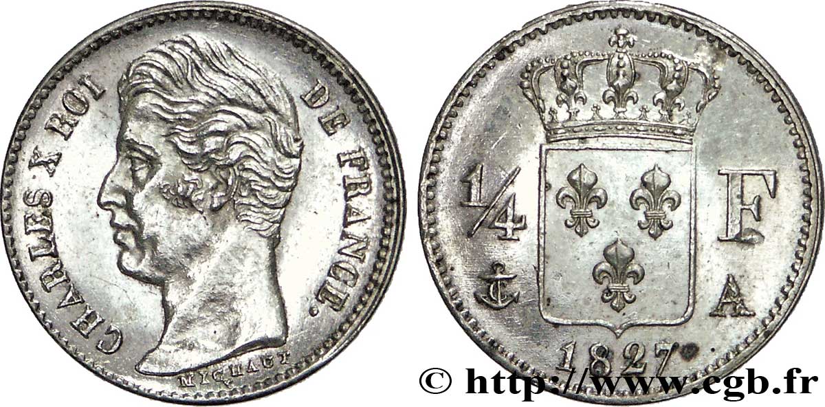 1/4 franc Charles X 1827 Paris F.164/10 EBC60 