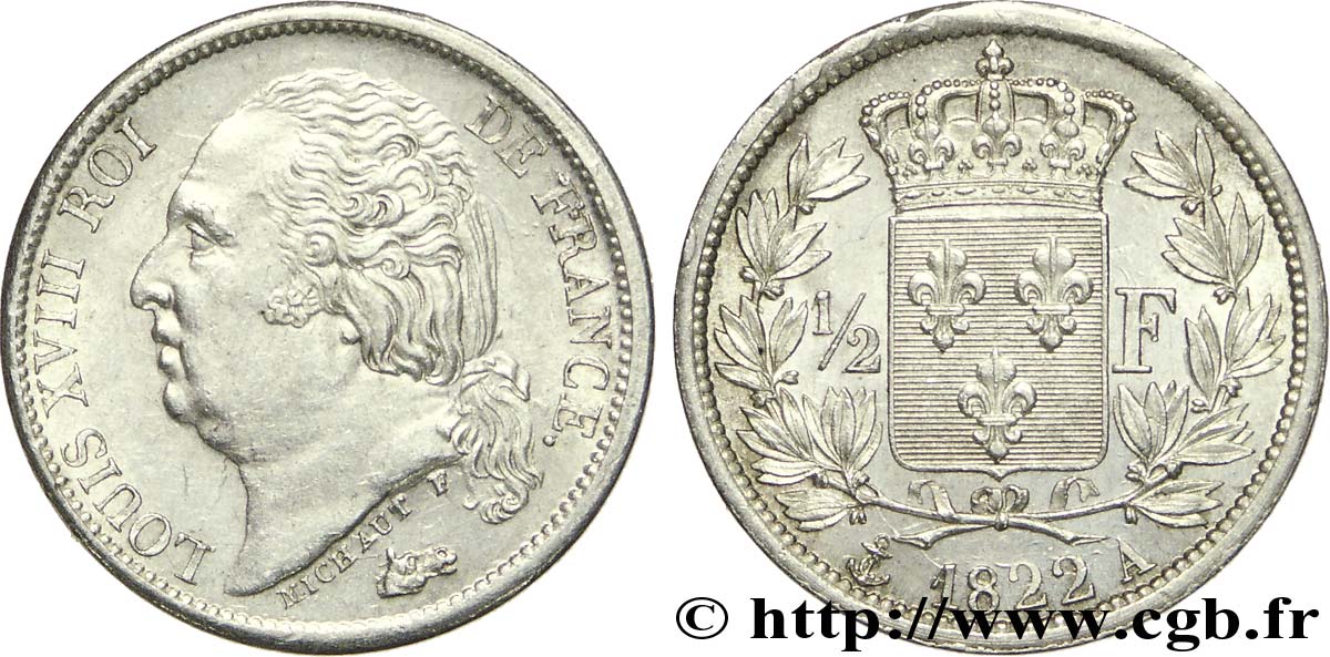 1/2 franc Louis XVIII 1822 Paris F.179/30 SUP60 