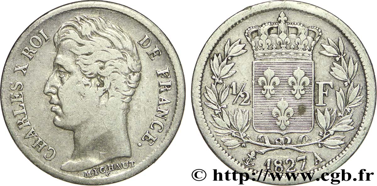 1/2 franc Charles X 1827 Paris F.180/13 TB20 