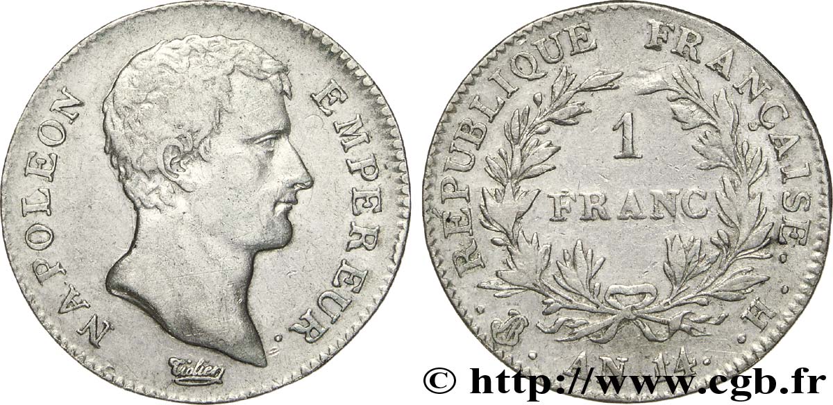 1 franc Napoléon Empereur, Calendrier révolutionnaire 1805 La Rochelle F.201/32 TB30 
