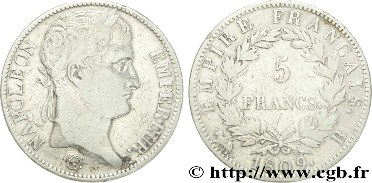 5 francs Napoléon Empereur, Empire français 1809 Rouen F.307/2 TTB40 