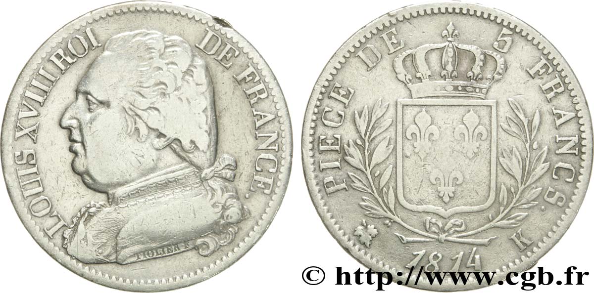 5 francs Louis XVIII, buste habillé 1814 Bordeaux F.308/7 BC20 