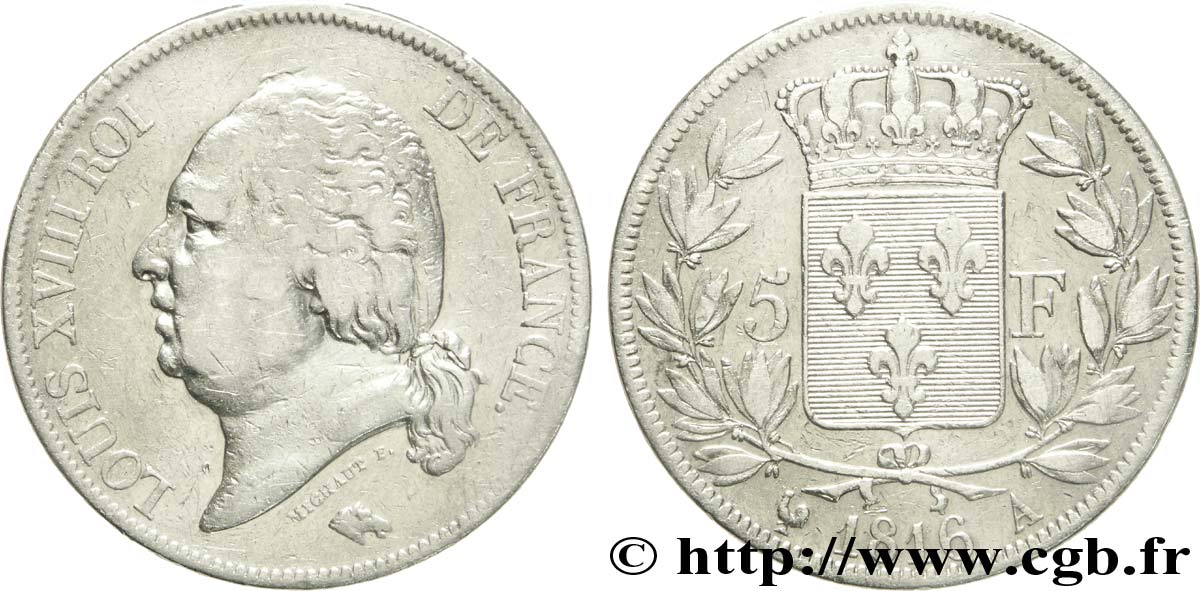 5 francs Louis XVIII, tête nue 1816 Paris F.309/1 TB30 