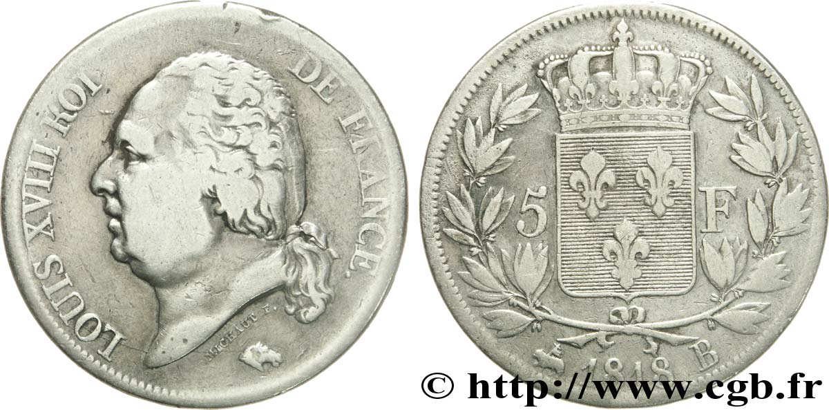 5 francs Louis XVIII, tête nue 1818 Rouen F.309/29 TB20 