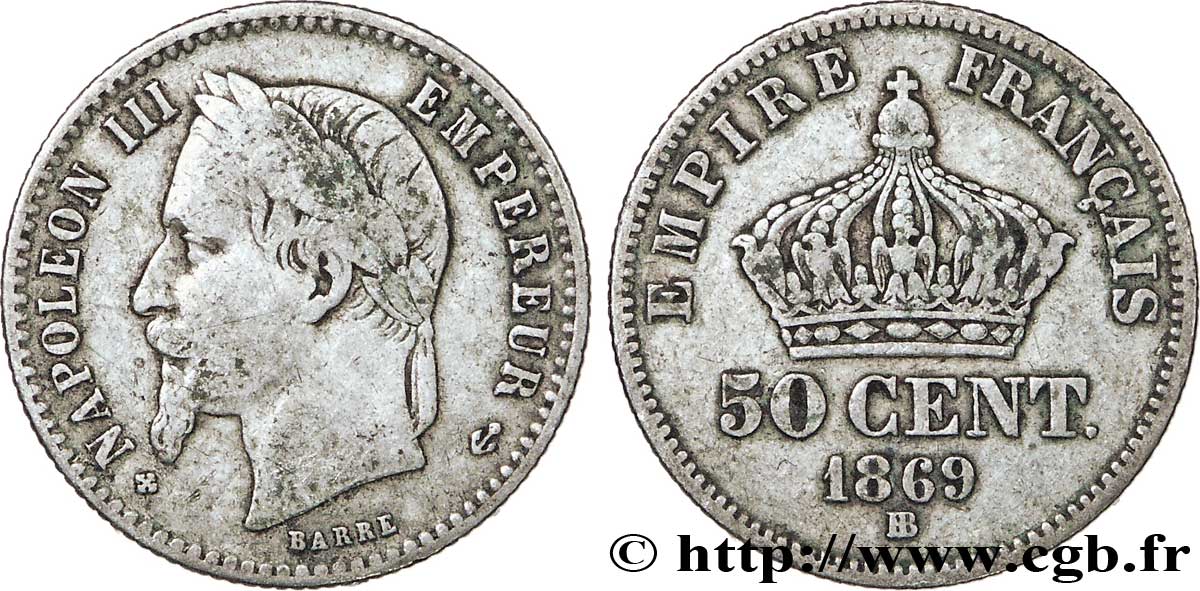 50 centimes Napoléon III, tête laurée 1869 Strasbourg F.188/23 VF20 