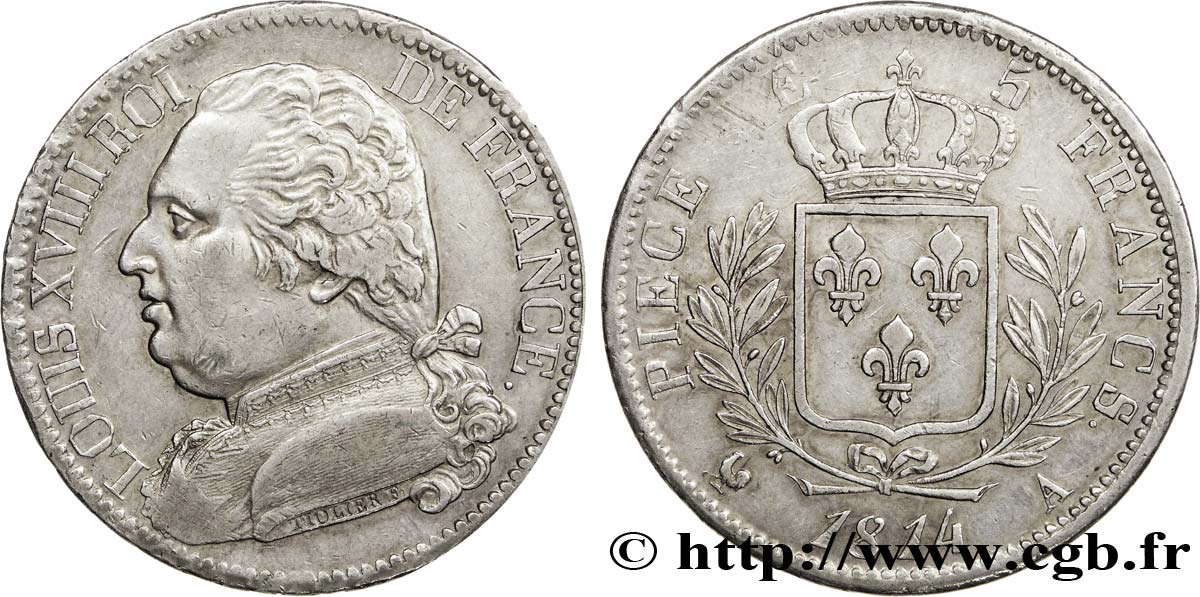 5 francs Louis XVIII, buste habillé 1814 Paris F.308/1 TTB50 