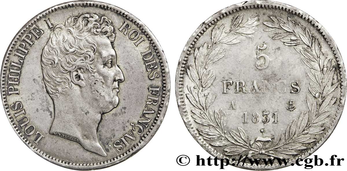 5 francs type Tiolier avec le I, tranche en creux 1831 Paris F.315/14 AU52 