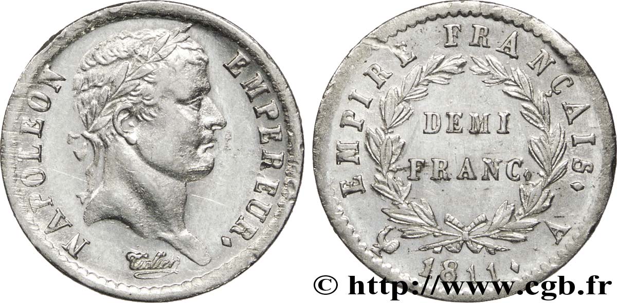 Demi-franc Napoléon Ier tête laurée, Empire français 1811 Paris F.178/21 SPL55 