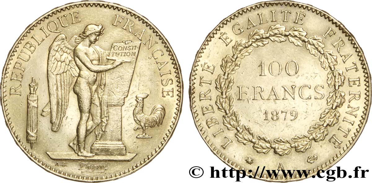100 francs or Génie, tranche inscrite en relief Dieu protège la France 1879 Paris F.552/3 BB52 