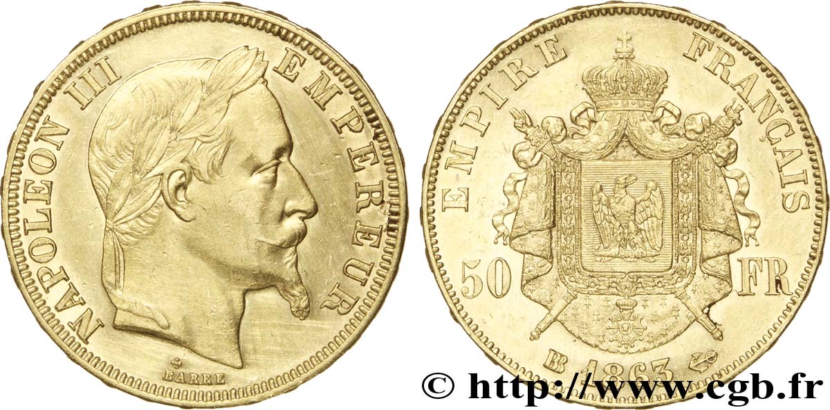50 francs or Napoléon III, tête laurée 1863 Strasbourg F.548/3 AU50 