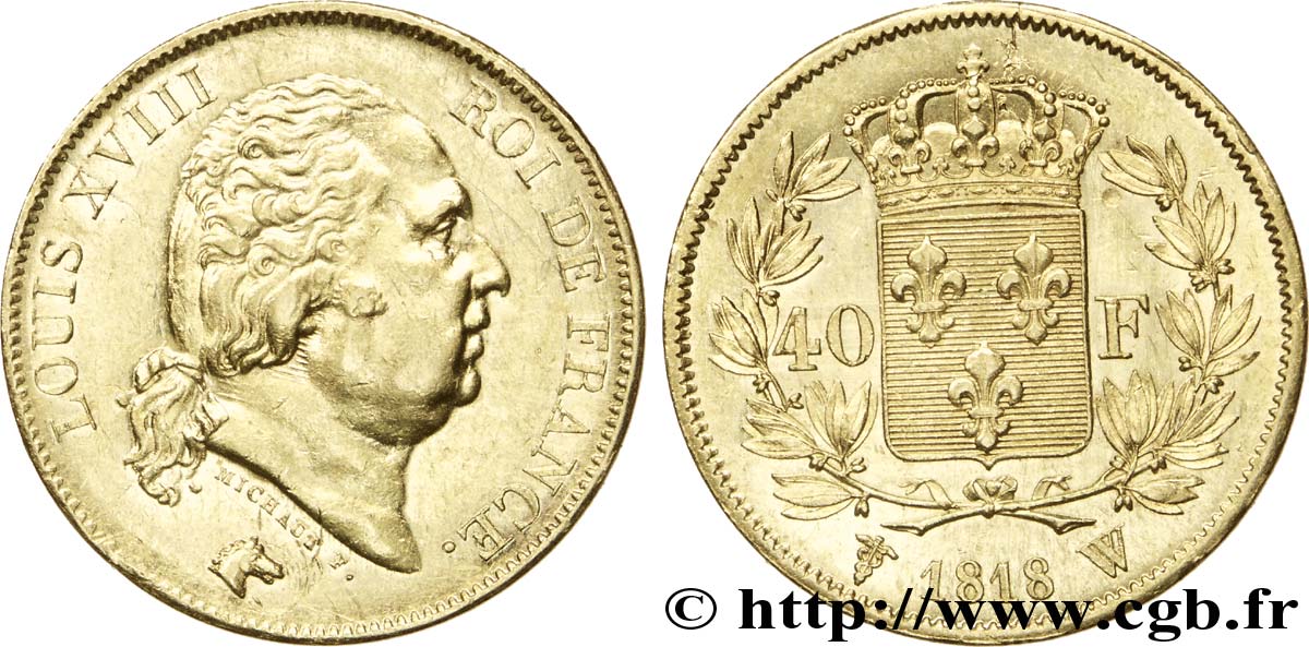 40 francs or Louis XVIII 1818 Lille F.542/8 SUP55 
