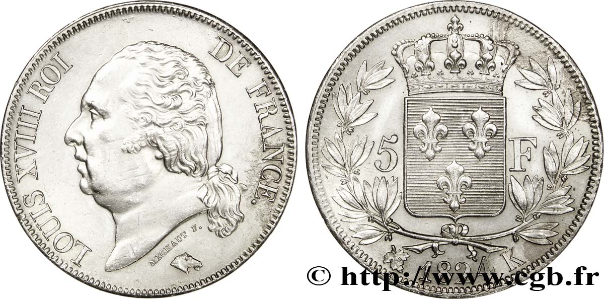 5 francs Louis XVIII, tête nue 1824 Bordeaux F.309/93 SUP58 