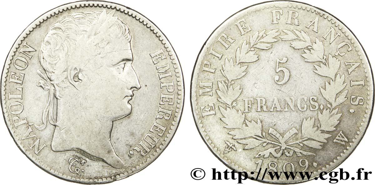 5 francs Napoléon Empereur, Empire français 1809 Lille F.307/13 TB25 
