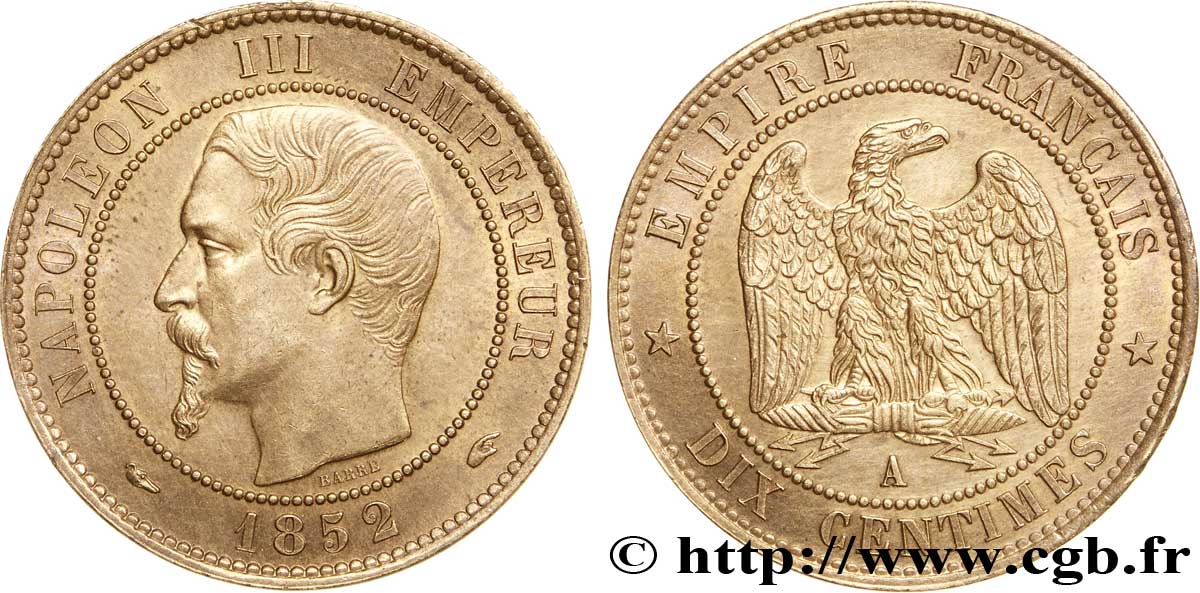 Dix centimes Napoléon III, tête nue 1852 Paris F.133/1 SUP62 