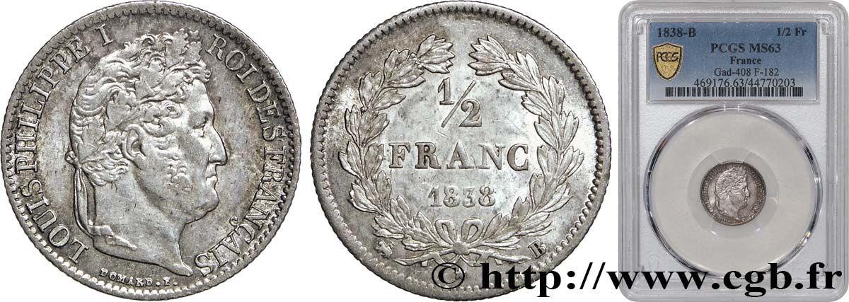 1/2 franc Louis-Philippe 1838 Rouen F.182/74 SC63 PCGS