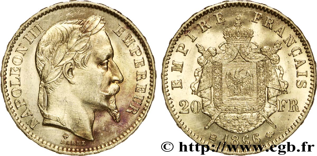 20 francs or Napoléon III, tête laurée 1866 Strasbourg F.532/14 MS60 