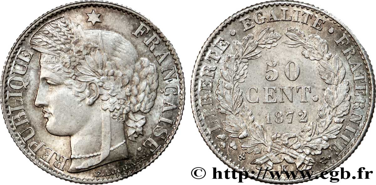 50 centimes Cérès, IIIe République 1872 Bordeaux F.189/4 MS62 