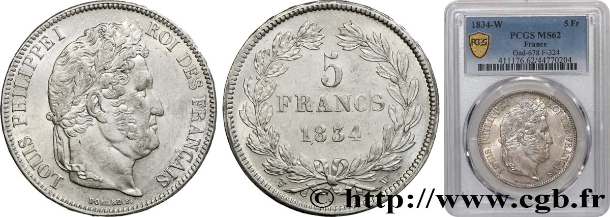 5 francs IIe type Domard 1834 Lille F.324/41 SPL62 PCGS
