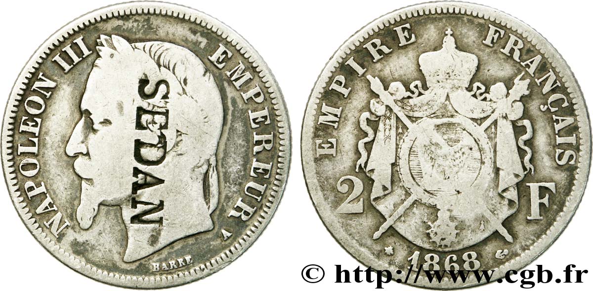 2 francs Napoléon III, tête laurée, contremarqué SEDAN 1868 Paris F.263/8 var. TB15 