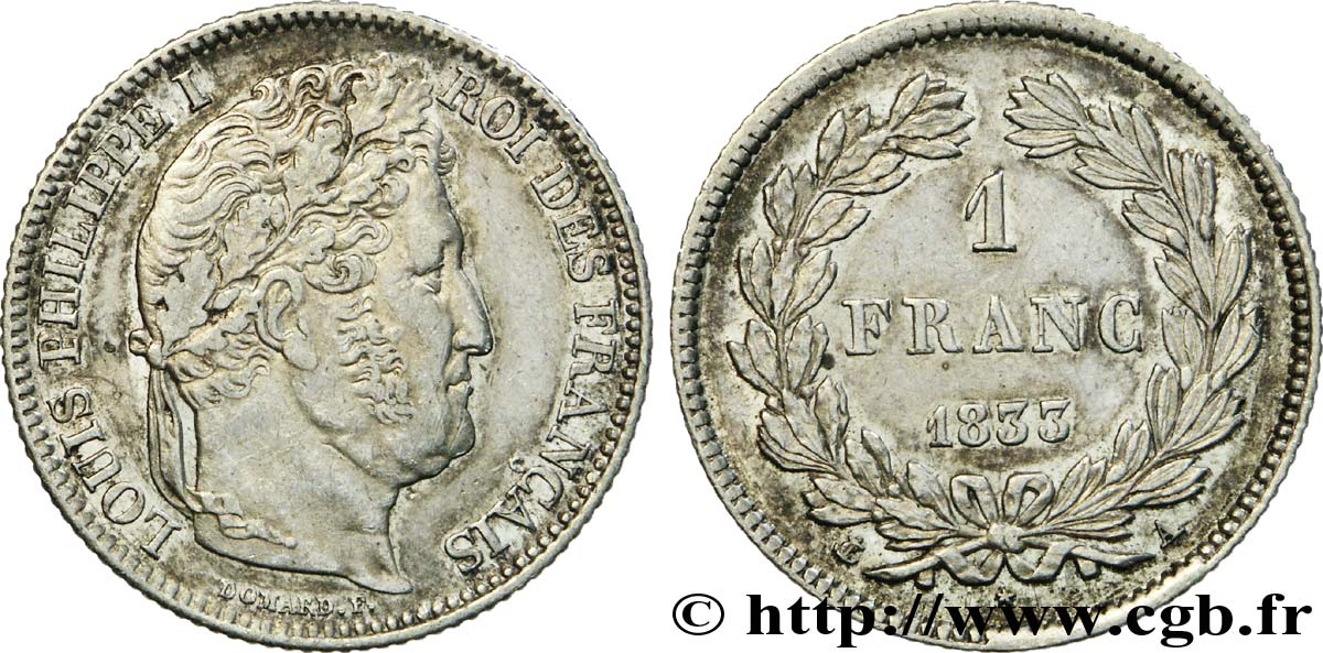 1 franc Louis-Philippe, couronne de chêne 1833 Paris F.210/14 EBC55 
