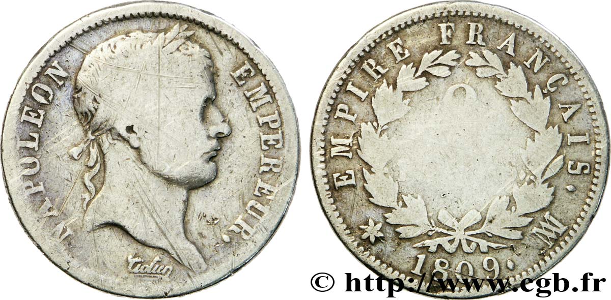 2 francs Napoléon Ier tête laurée, Empire français 1809 Marseille F.255/6 B8 
