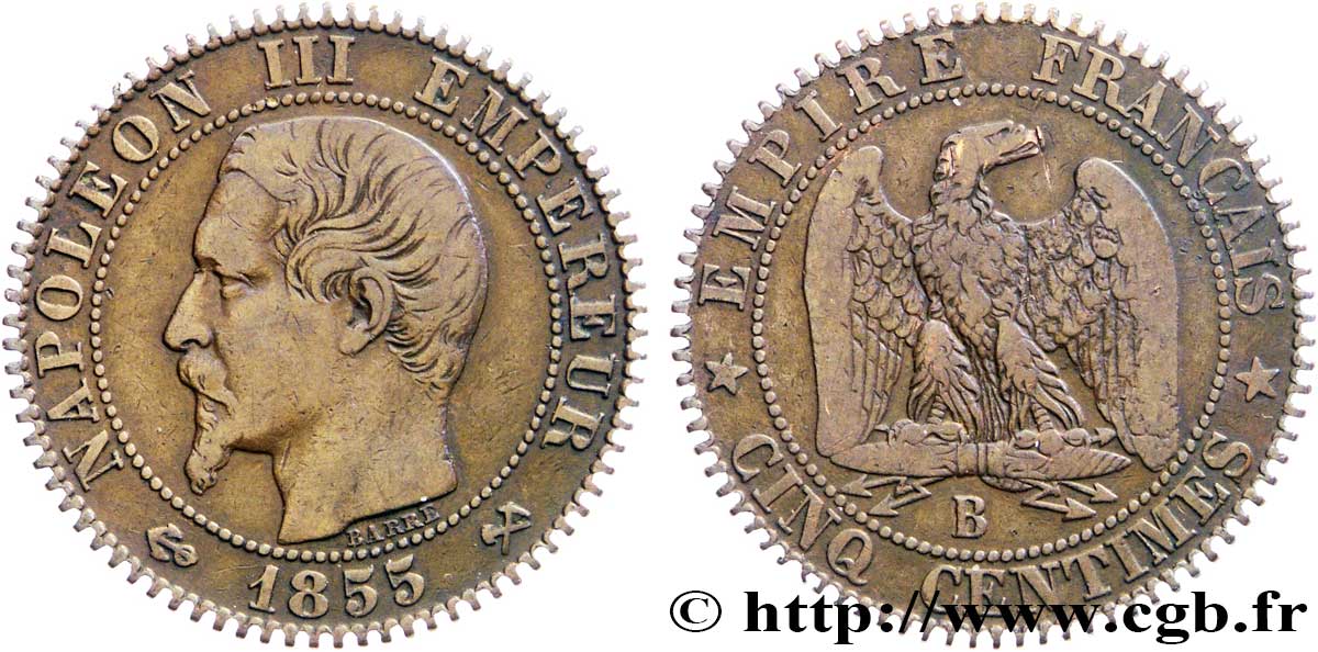 Cinq centimes Napoléon III, tête nue 1855 Rouen F.116/19 var. TTB40 