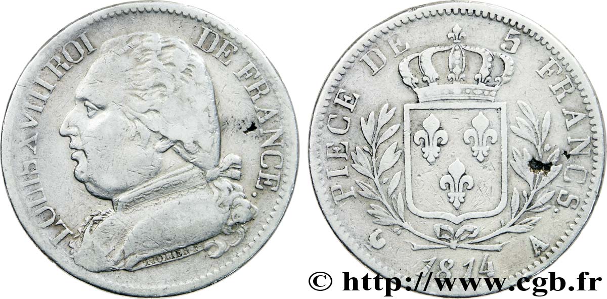 5 francs Louis XVIII, buste habillé 1814 Paris F.308/1 TB25 