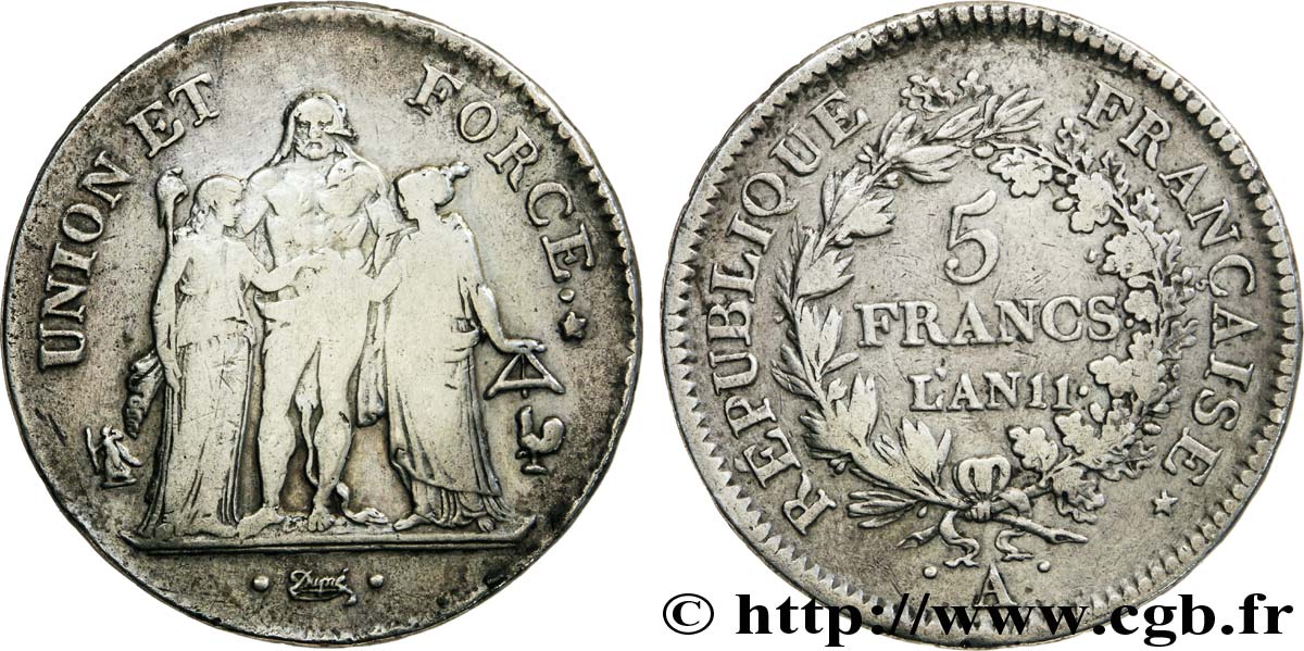 5 francs Union et Force, Union serré, seulement glands intérieurs 1803 Paris F.288/190 TB30 