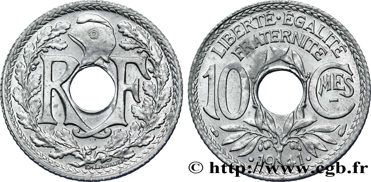 10 centimes Lindauer en zinc, Cmes souligné et millésime avec points 1941 Paris F.140/2 SPL64 
