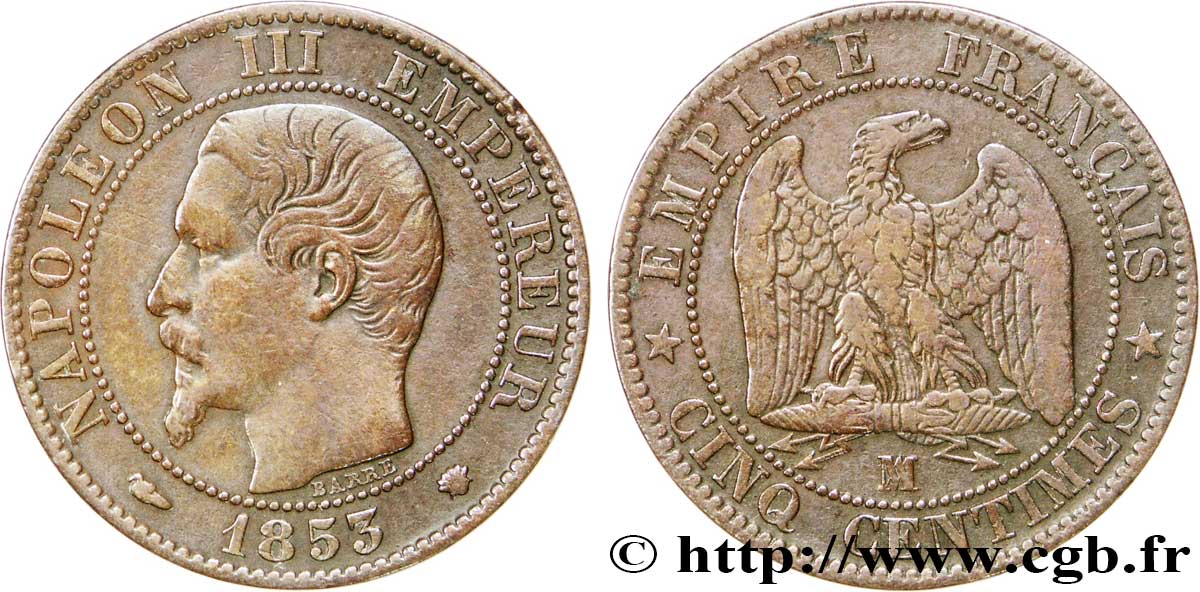 Cinq centimes Napoléon III, tête nue 1853 Marseille F.116/6 MBC40 