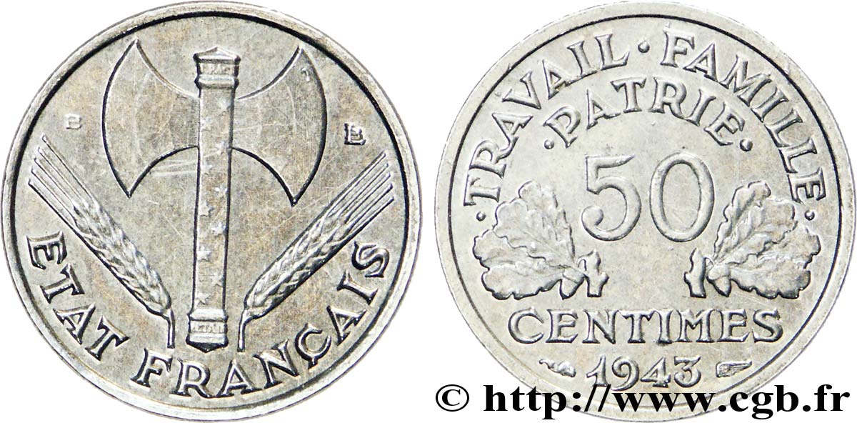 50 centimes Francisque, légère 1943 Beaumont-le-Roger F.196/3 SUP60 