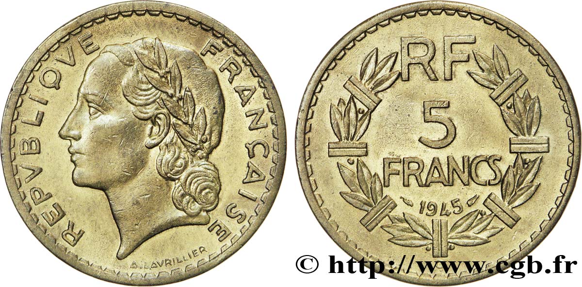 5 francs Lavrillier, bronze-aluminium 1945 Castelsarrasin F.337/6 AU52 